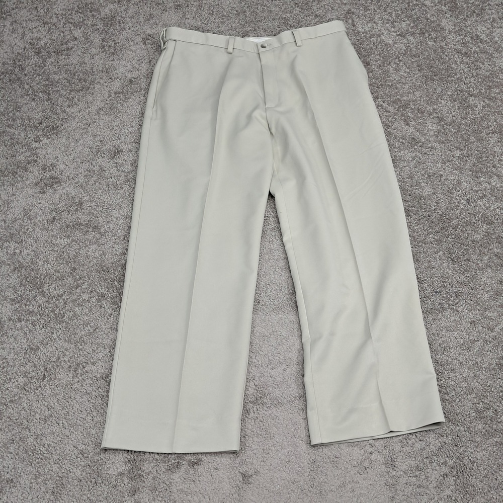 Haggar Mens Tan Khaki Flat Front Dress Pants Straight Leg Measures 36x27